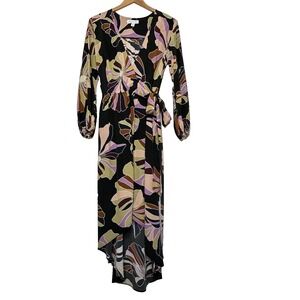 Amour Vert Silk Wrap Dress Size S Floral Midi Hi Low Hem Colorful Boho